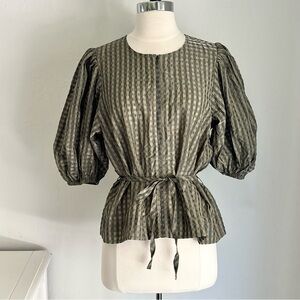 GANNI Seersucker Puff Sleeve Zip Front Belted Blouse Kalamata Green, Size 40